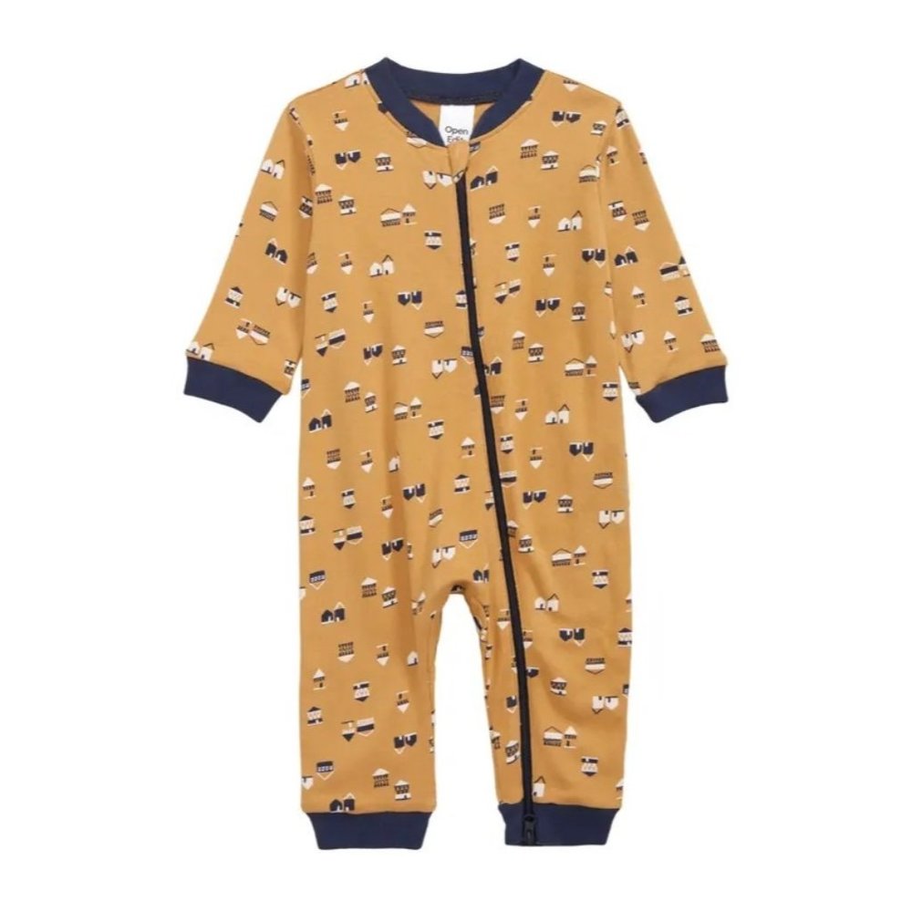 Open Edit Kid’s Print Cotton Romper in Tan Cinnamon 6M